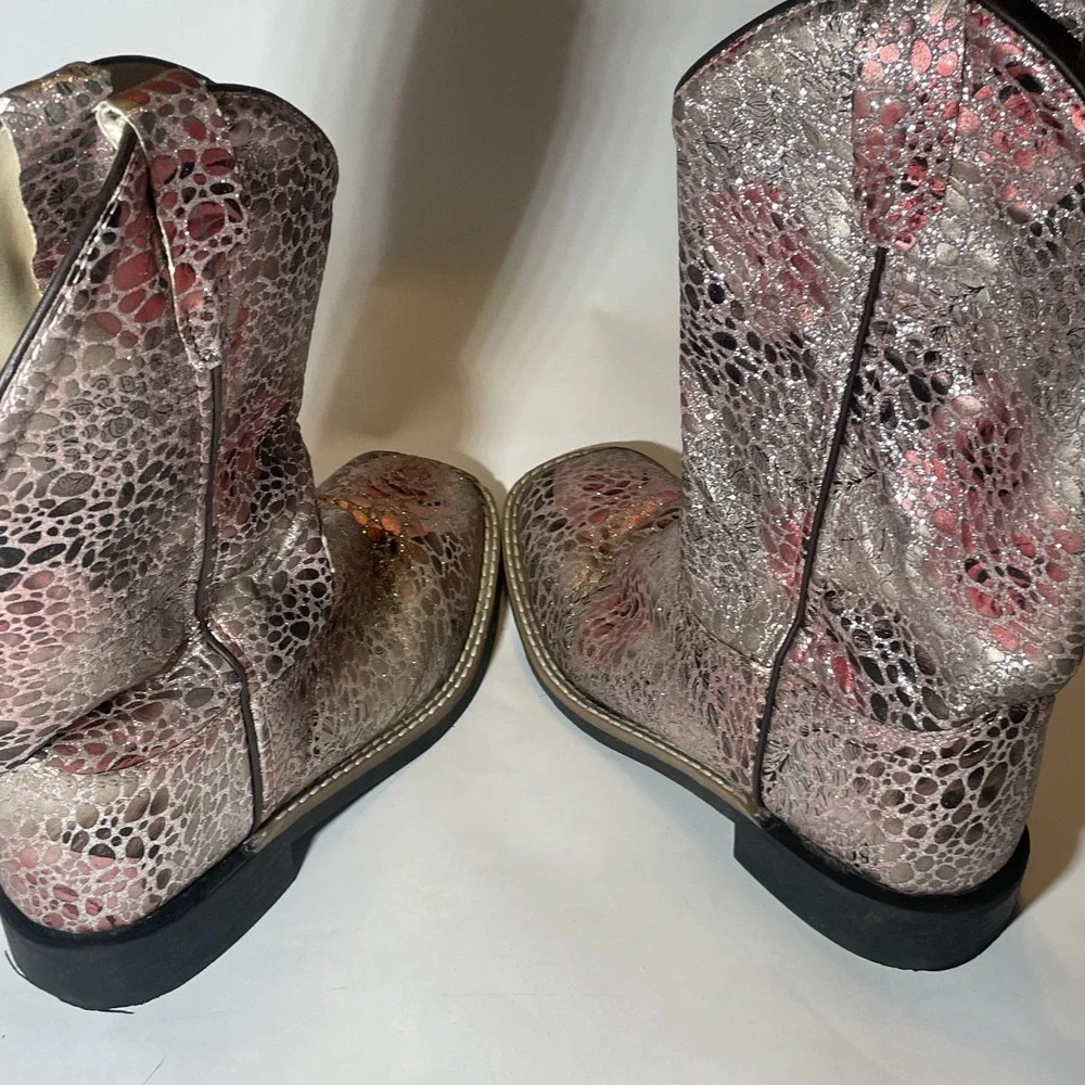 Old West Girls Size 3 D Pink Glitter Shimmery Snake Print Western Cowboy Boots